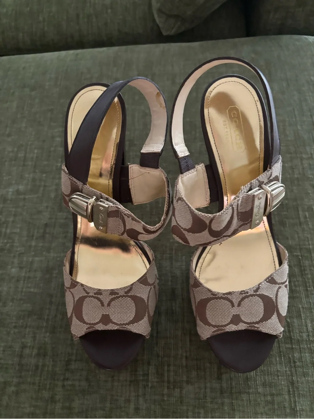 Coach Brown Signature Canvas Platform Slingback Sandals with Gold Accent